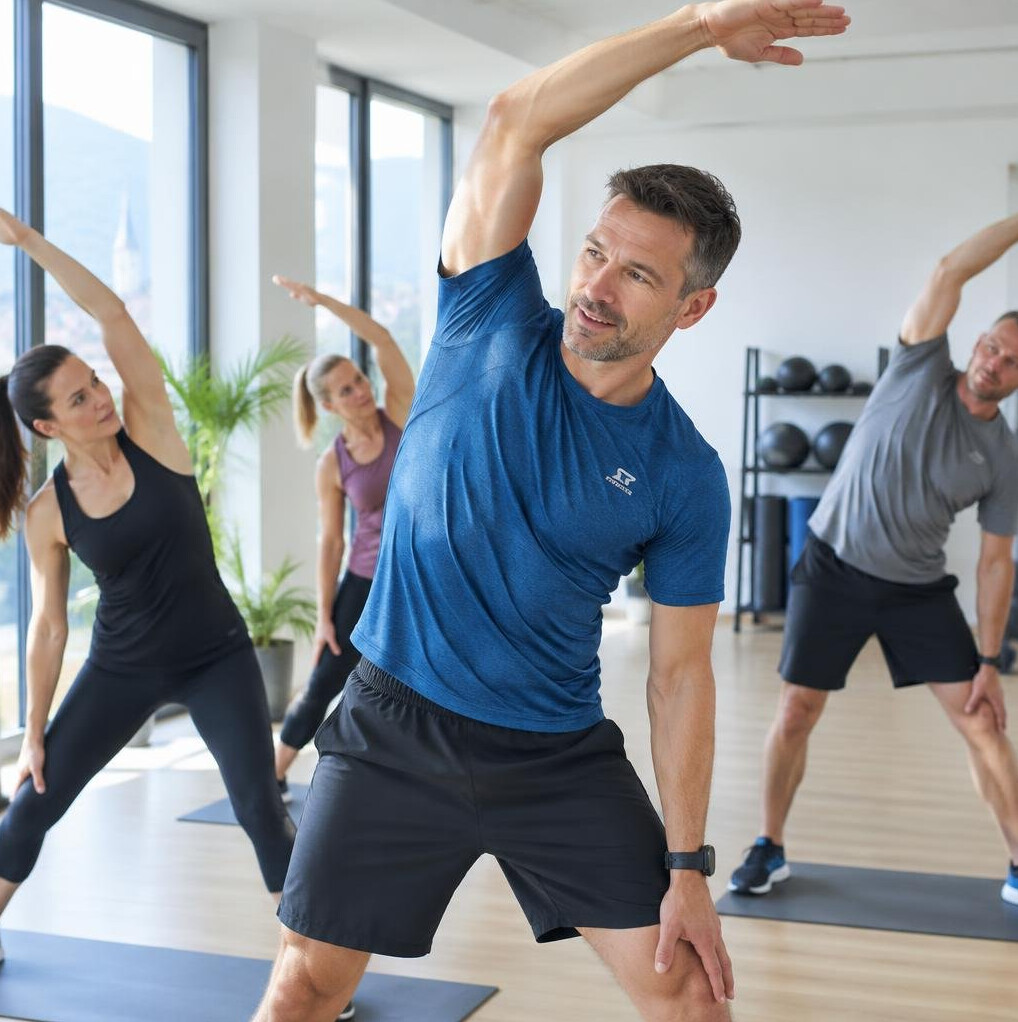 Fitness instructor leading a small group exercise class